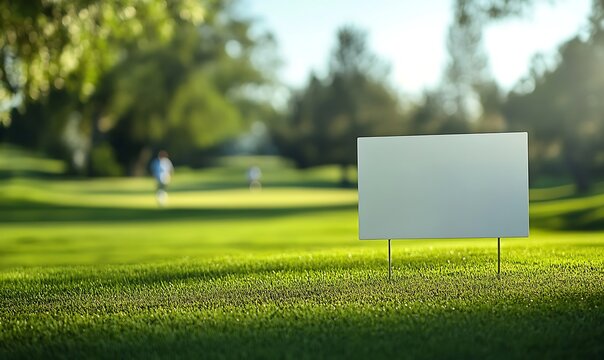 A blank banner Blank sign or yard sign in golf course. blurred Golf players in the background.