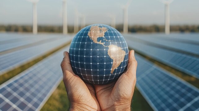 A person holds a globe representing Earth, surrounded by solar panels and wind turbines, symbolizing renewable energy and environmental sustainability.