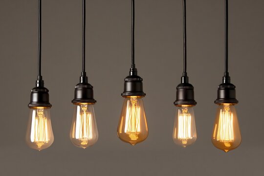 Five vintage Edison bulbs illuminate a neutral background; perfect for design projects