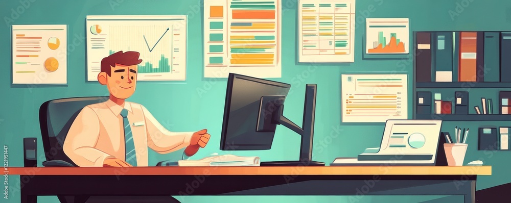 Poster a professional workspace with a man at a desk using a computer, surrounded by charts and reports, ex