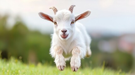 Obraz premium Playful Kid Goat Leaping in Green Pasture