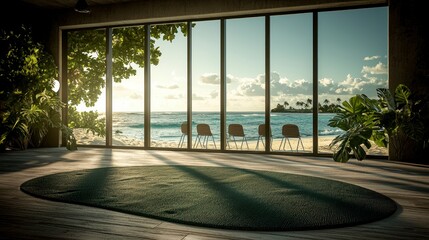 Fototapeta premium Serene Beach View Office Virtual Meeting Room Interior Design