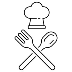 Vector illustration of fork, spoon and chef hat with thin line style suitable for restaurant icon