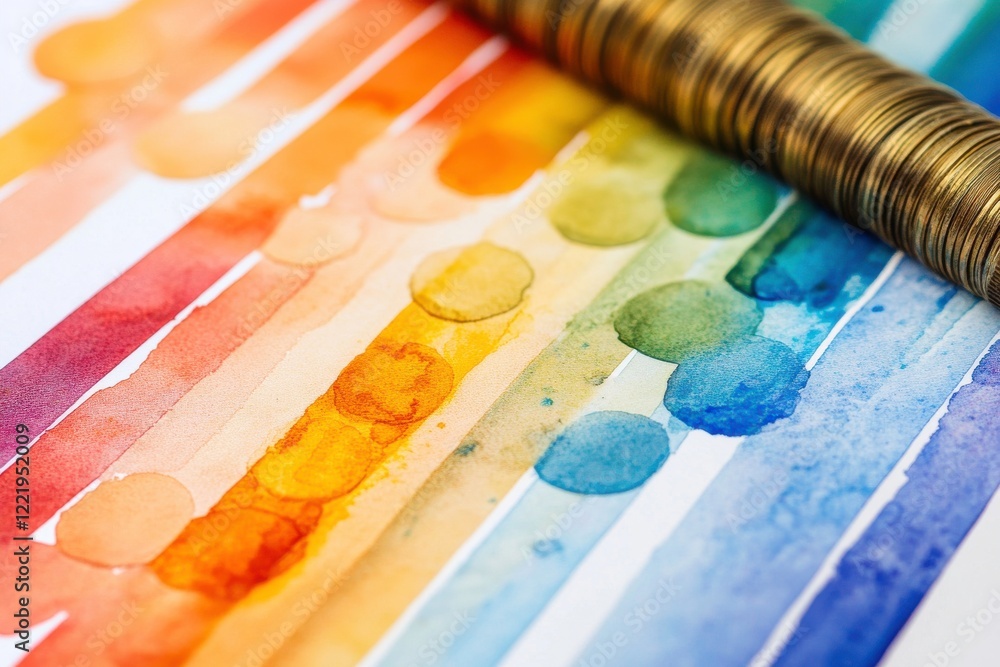 Poster a vibrant watercolor background featuring stripes of color with a stack of coins, creating a strikin