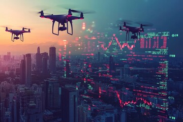 A breathtaking view of futuristic drones flying over an illuminated city skyline, surrounded by digital data projections and vibrant colors at sunset.