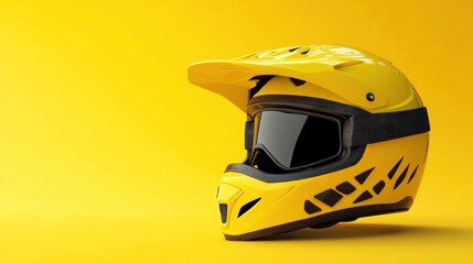 Fototapeta premium Yellow motocross helmet, goggles, yellow background, safety gear