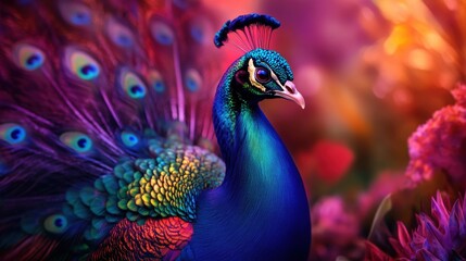 A hybrid peacock with metallic feathers that glow in shifting colors, standing in a digital garden