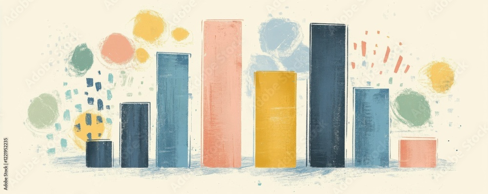 Aufkleber a colorful bar chart illustration with varying heights representing data, surrounded by abstract sha