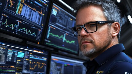 Data analyst monitoring market trends financial sector digital media office environment close-up view analytics insight