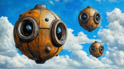 Orange and Blue Futuristic Robots Floating in a Cloudy Sky