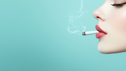 Fototapeta premium Smoking woman profile with cigarette minimalistic background lifestyle concept soft colors artistic viewpoint