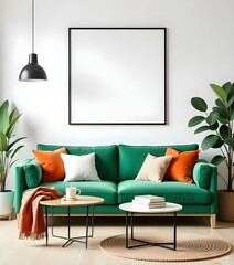 A modern living room featuring a green velvet sofa adorned with decorative pillows in cream and orange. There are two round coffee tables, one with a stack of books and a cozy blanket. 