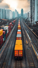 A freight train loaded with containers traveling through a city.