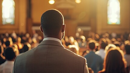 a moment where a pastor is preaching to a diverse congregation, showcasing inclusivity and community in a vibrant worship environment.