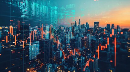 Fototapeta premium A dynamic skyline illuminated by digital graphs and data, capturing the energy of financial markets and urban development at sunset.
