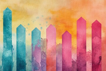 A vibrant abstract design featuring colorful vertical bars against a warm gradient background, evoking a sense of creativity and energy.
