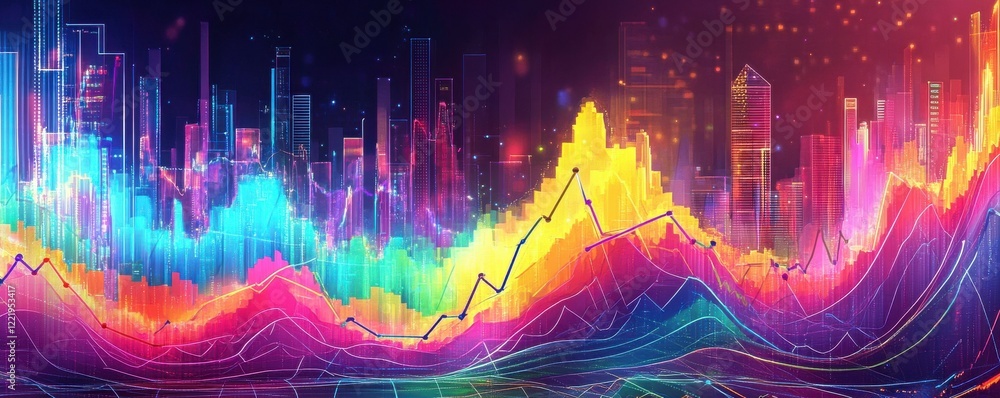Poster a vibrant, abstract representation of data trends with colorful waveforms and city-like structures, 