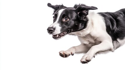 Fototapeta premium A friendly border collie in mid-jump on a white background, caught in a playful action pose