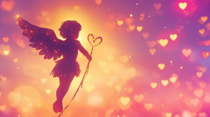 Obraz premium a stylized Cupid silhouette seen from the back, holding a golden bow, against a dreamy pink and purple gradient sky filled with small glowing hearts.