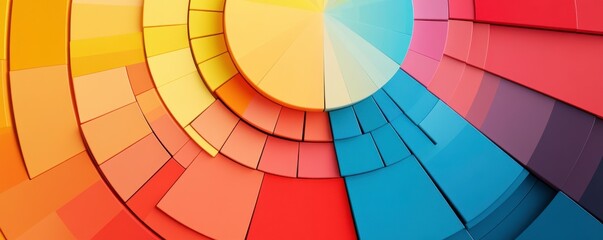 Obraz premium A vibrant, abstract design featuring concentric shapes in a gradient of colors, blending warm and cool tones in a visually striking composition.