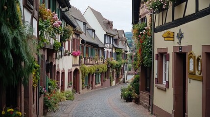 Naklejka premium A picturesque street in a quaint European village adorned with flowers