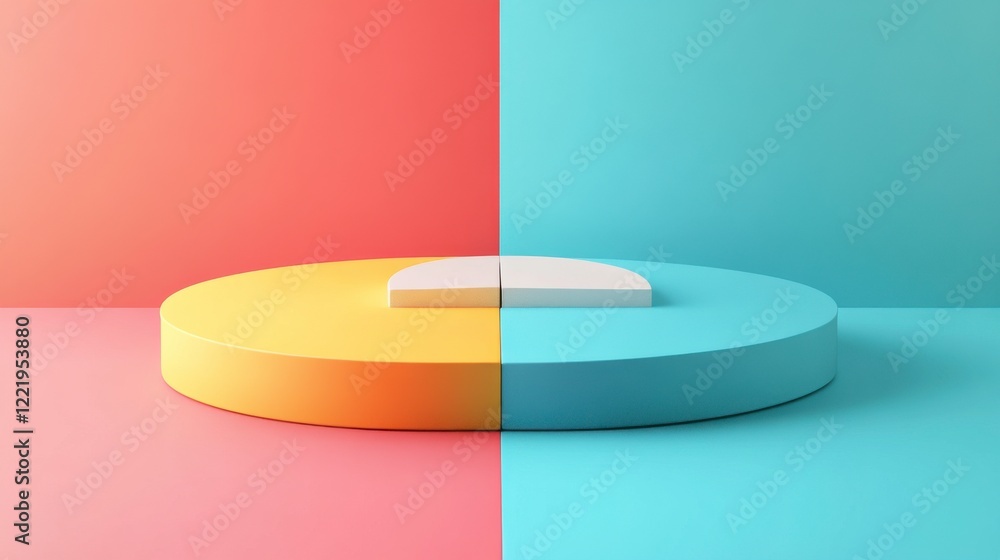 Poster a minimalistic design featuring a circular platform split into vibrant colors, with a central white 