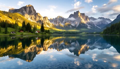 Obraz premium Majestic Mountain Lake Reflection Serene Sunrise Landscape Scenery