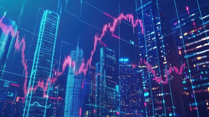 A vibrant digital skyline featuring futuristic buildings, with data visualizations overlaying a nighttime cityscape, symbolizing innovation and growth.