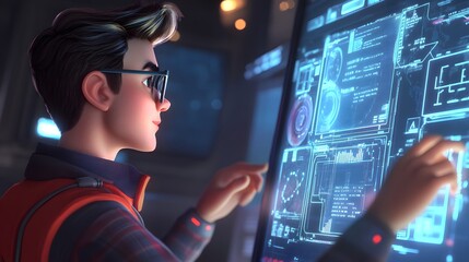 Young Man Interacting With Futuristic Technology Display