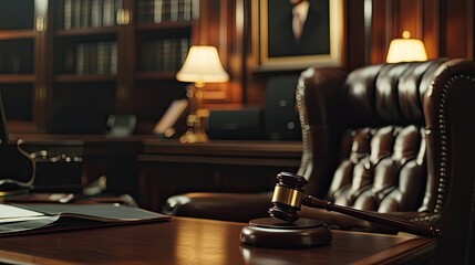 A serene scene of a gavel resting on a desk in a law office, promoting professionalism and seriousness