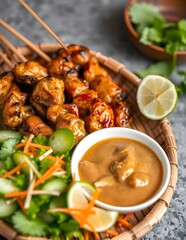 A Platter Of Malaysian Satay Skewers With Grilled Chicken, Peanut Sauce, And A Side Of Cucumber Salad
