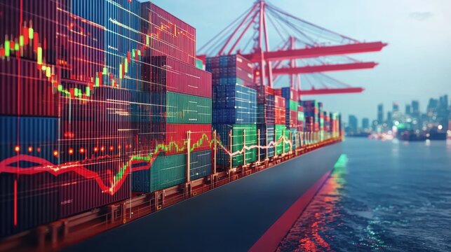 A vibrant scene of cargo containers stacked at a port, with overlayed stock market graphs reflecting economic trends and maritime activity.