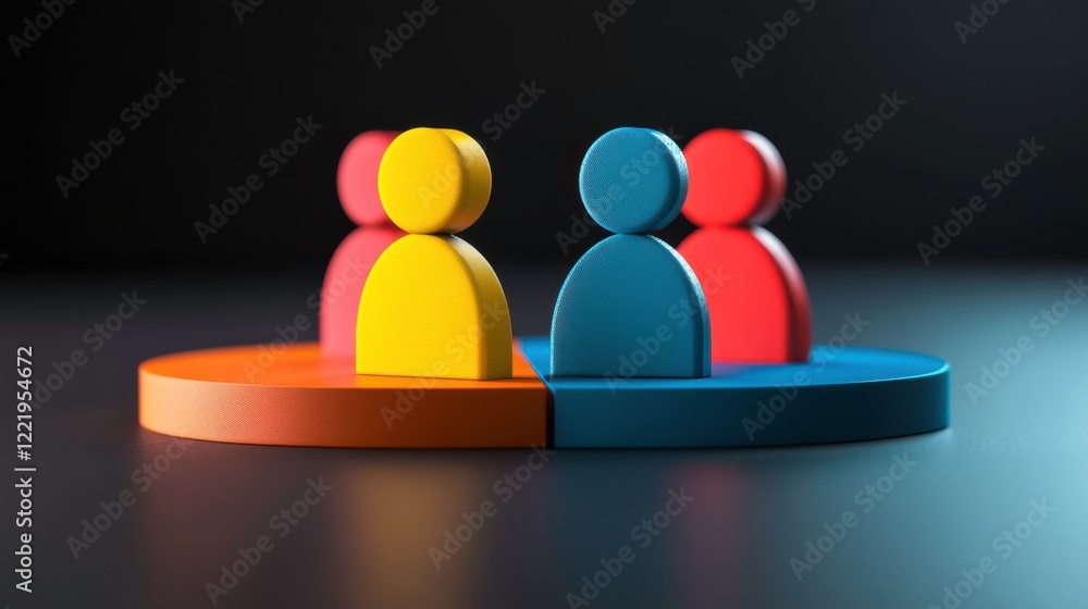 Poster colorful wooden figures represent teamwork and collaboration, arranged in groups, emphasizing unity 