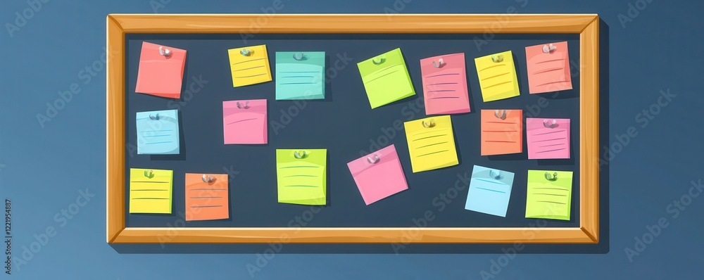 Poster a colorful bulletin board displays various sticky notes, each with different messages and reminders,