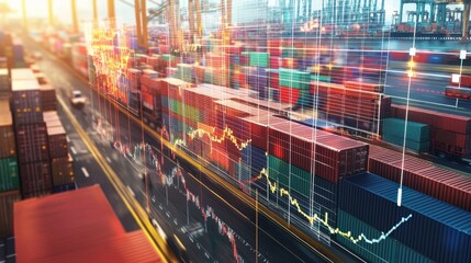An aerial view of a busy shipping yard with colorful containers and data overlays showing trends and analytics, symbolizing logistics and trade.