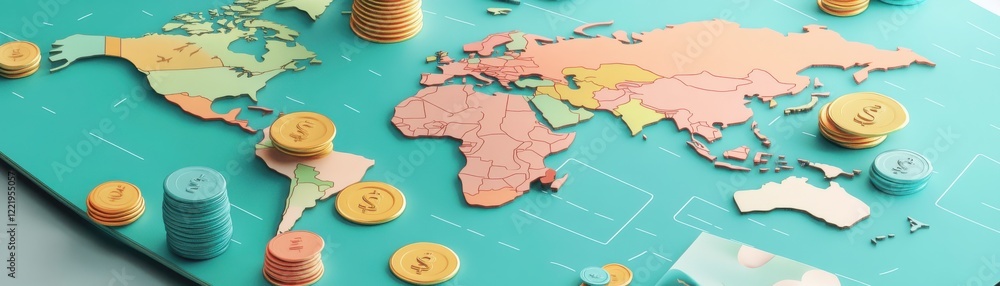 Poster a colorful world map is displayed with various coins and currency notes scattered on a teal backgrou