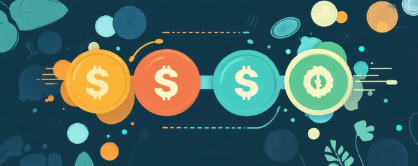 A colorful illustration featuring dollar signs, symbolizing finance, currency exchange, or economic growth amid a vibrant background.