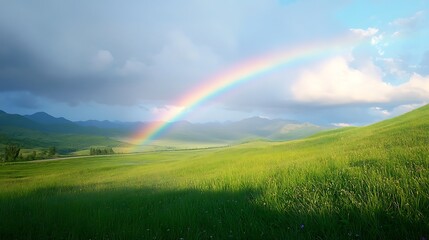 Rainbow over the meadow in the mountains. Beautiful summer landscape