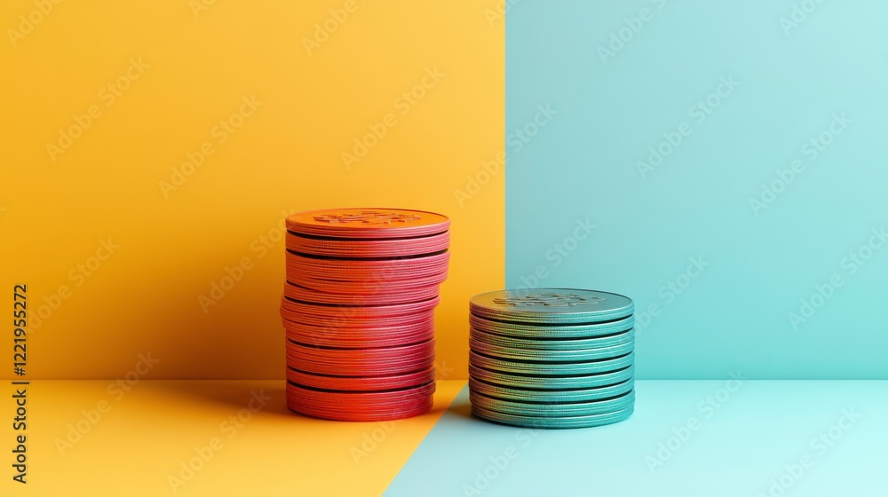 Poster colorful stacks of circular tokens on a vibrant split background of yellow and turquoise, creating a