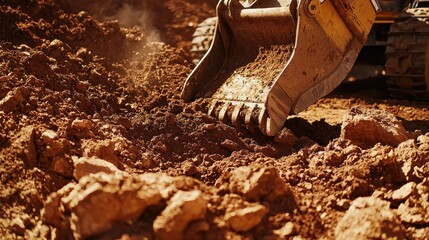 Close-up of an excavator bucket digging into the ground, showcasing the power and precision of heavy machinery in construction and mining operations.