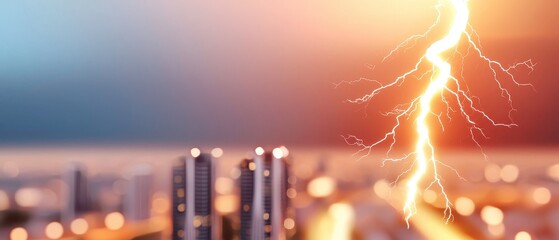 A vibrant lightning strike illuminates a city skyline at dusk, highlighting the contrast between nature and urban life.