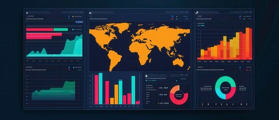 A modern data dashboard displaying global maps and various colorful graphs, showcasing analytics and performance metrics.
