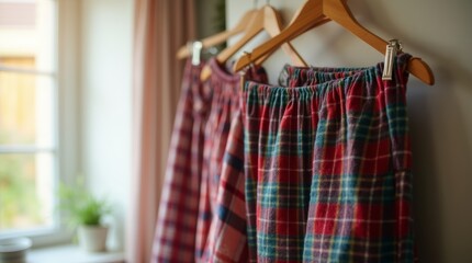 Flannel pajama pants hanging on a wooden hanger, illuminated by soft window light, creating a casual, relaxed, and inviting atmosphere with a focus on soft flannel fabric.