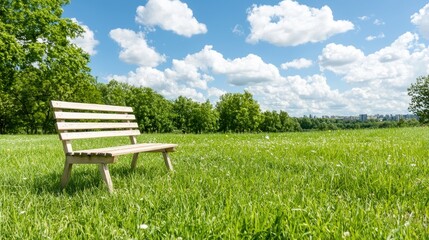 Peaceful park bench, grassy field, sunny day, city skyline