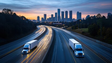 Obraz premium Two trucks travel on a busy highway, illuminated by city lights under a stunning sunset, showcasing the pulse of urban life and transport logistics.