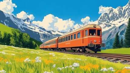 Obraz premium Vibrant Train Journey Through Scenic Mountain Landscape in Summer