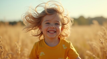 Photorealistic image of a child with wind-blown hair playing in a field