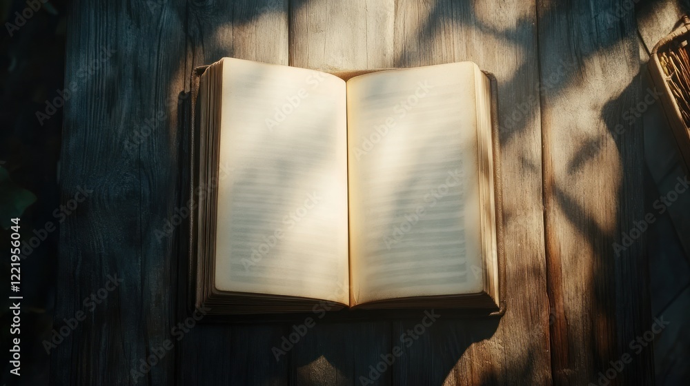 Poster open book on wooden table with sunlit shadow patterns, inviting to read