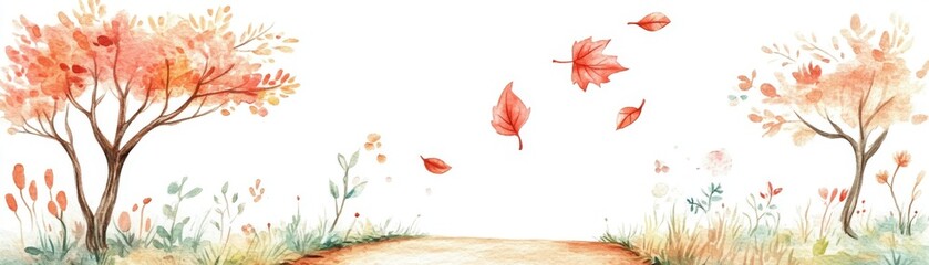 Obraz premium A serene autumn landscape featuring colorful trees with falling leaves, creating a peaceful and tranquil atmosphere for nature lovers.