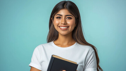 Obraz premium Young Latina teenager, with books, smiling, wearing white t-shirt, blue background
